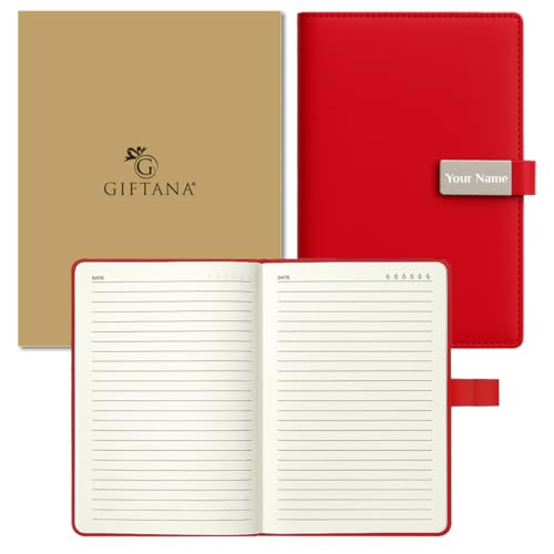 Image of Giftana Personalized Diary with Name, Customized Leather Diary with Magnetic Overlap Lock,192 Pages, Personalised A5 Notebook Diary for Writing, Office Use, New Year Corporate Gifts for Employee (Red)