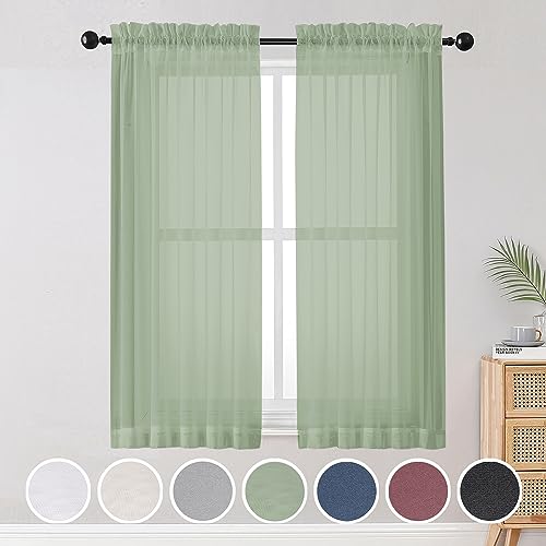 Image of OWENIE Sheer Curtains, Sage Green Sheer Curtains 63 inch Length 2 Panels Set, Rod Pocket Voile Fimly Sheer Drapes for Living Room/Bedroom, 2pcs, Each 42" W x 63" L