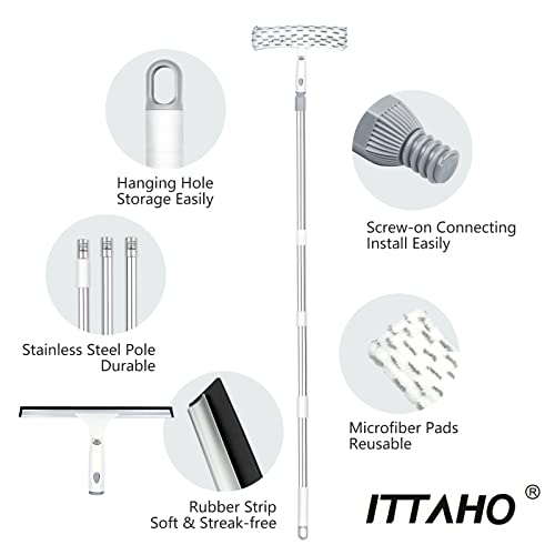 Ittaho Squeegee For Window Cleaning,12" Squeegee And 11" Microfiber Scrubber Combi With Stainless Steel Pole,Extendable Squeegee Window Cleaner For Car,Sliding Door,Shower Glass Door #TOP5