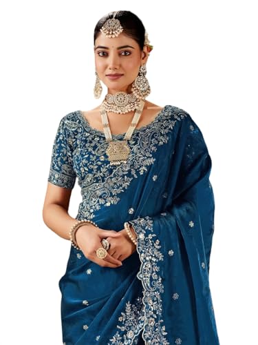 Image of SIRIL Women's Tissue Silk Sequence Embroidery Saree with Unstitched Blouse Piece