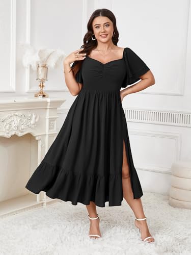 Image of SCOMCHIC Womens Plus Size Wedding Guest Cocktail Dresses Sweetheart Neckline Short Sleeve Smocked Ruffle Slit Maxi Dress