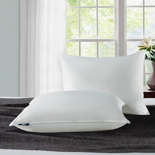 Image of Serta 233 Thread Count White Goose Feather Down Fiber Pillows Medium Firm King Size Pillows Set of 2 Pack 100% Cotton Hotel Collection Bed Pillow for Side Sleeper