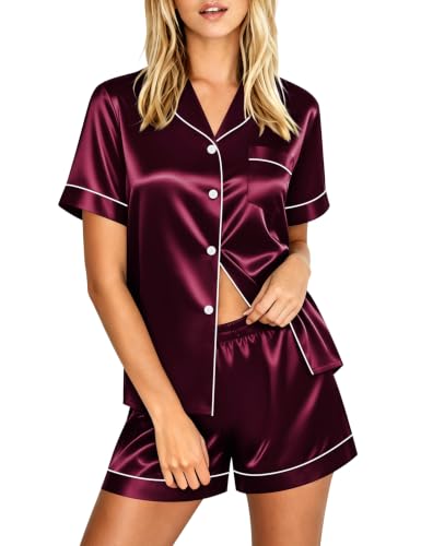Image of LecGee Womens Silk Satin Pajamas Short Sleeve Loungewear Two-Piece Sleepwear Button-Down Pj Set