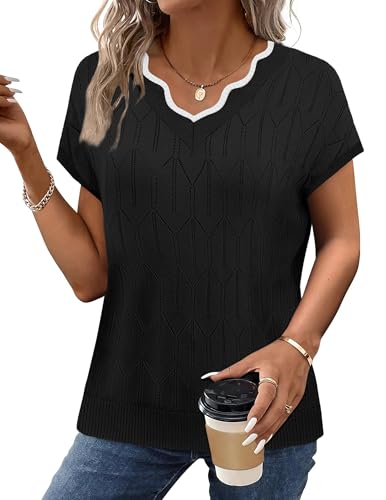 Image of WIHOLL Womens Summer Tops Cap Sleeve Sweater V Neck Shirts Beach Vacation Clothes Business Casual Fashion Clothing