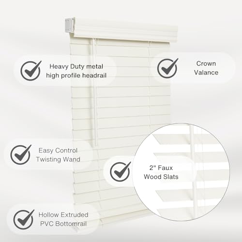 LOTUS & WINDOWARE 2-inch Faux Wood Blind (Soft White-Antique White) 35" x 60", Room Darkening Horizontal Blinds