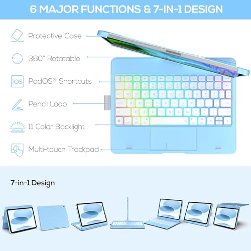 Image of typecase Touch Keyboard for 11th (A16) & 10th Gen with Multi-Touch Trackpad, 11-Colors Backlit, 360 Rotatable Multi Viewing Angle, Pencil Holder (Not fit to Air 11 /Air 5th /Pro 11)-Sky Baby Blue26
