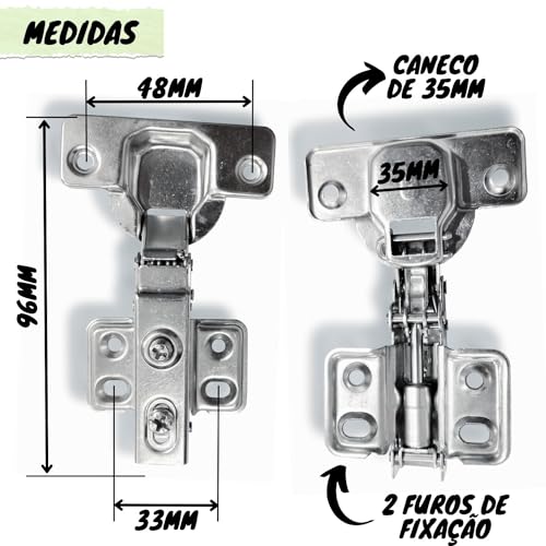 2x Dobradiça Baixa 35mm Reta C/Amortecedor Pistão Porta de Armário Cozinha Guarda Roupa Móveis de Ma