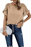 ASOMI Bluse Damen Elegant Oberteile Sommer Top Rüsche Kurzarm Tops T Shirt Rundhals Tunika Hemd 2023 Sommerbluse 31Khaki XL