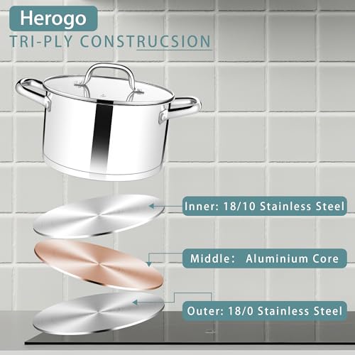 Herogo 4.5L Stock Pot, Stainless Steel Soup Pot with Clear Visible Lid, 22cm Induction Stockpot for Soup, Tri-Ply Bottom for All Stoves, Heavy Duty For Stewing/Cooking, U-shaped Handle, Silver - Image 6