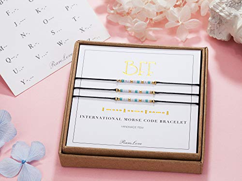 RareLove 3 Pieces BFF Friendship Morse Code Bracelet Birthday Best Friends Gift For 3 Women Blue White Tiny Pony Seed Beads Black String Bracelets2