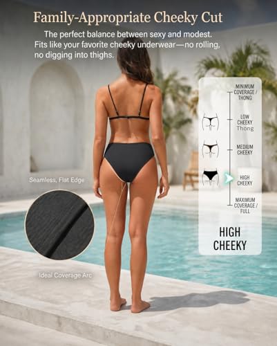 Image of Zmart Women V Cut Cheeky Bikini Bottoms - Mid Waist High Cut Swim Bathing Suit Bottoms V Front Swimsuit