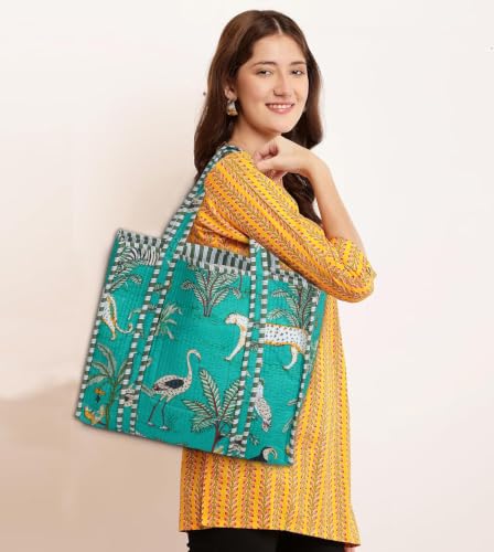 Image of Cotton Tiger Block Print Tote Bag, Indian Handmade Shopping Shoulder Bag, Unisex Market Daily Use