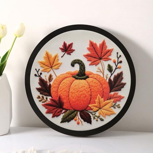Image of Esffaci Embroidery Starter Kit for Adult Beginner with Pumpkin Flower Pattern Hand Embroidery Set with Cloth Hoop Needle Threader Floss and Instruction