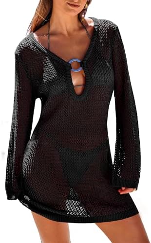 ANRABESS Women Summer Beach Cover Ups Swimsuit Crochet Swimwear Bathing Suit Knit Hollow Out Long Sleeve Pullover Beach Dress