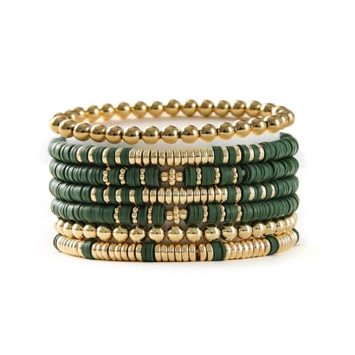Image of Sither Heishi Clay Bead Bracelets Pack for Women Boho Friendship Stretch Bracelets Set Stackable Gold Beads Bracelets Jewelry for Gift (green)