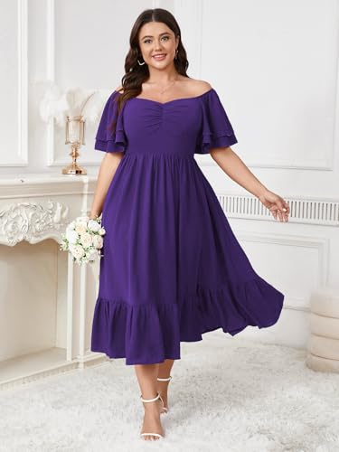 Image of SCOMCHIC Womens Plus Size Wedding Guest Cocktail Dresses Sweetheart Neckline Short Sleeve Smocked Ruffle Slit Maxi Dress