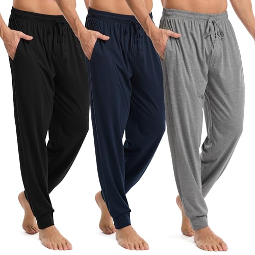 Wenouy 3 Pack Mens Pajama Pants Cotton Jogger Pjs Comfy Lightweight Lounge Sleep Pants for Men with Pockets & Drawstring