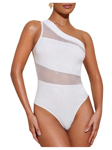 OYOANGLE Womens One Shoulder Contrast Mesh Sheer Bodysuit Rhinestone Glitter Party Leotard White X-Large