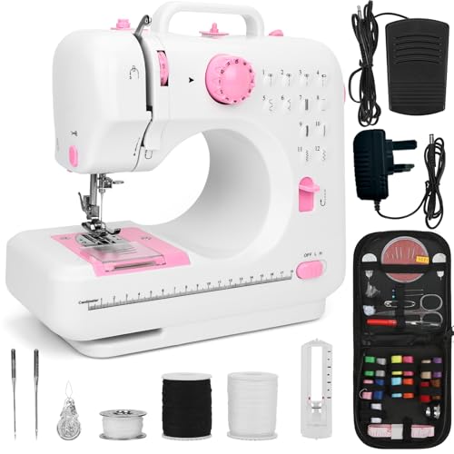 Mini Sewing Machine for Beginners, Small Stitching Machine with 12 Stitches Double-line Two-speed, Mini Sewing Kit, Reverse, UK power adapter, Foot pedal, Sew Buttons, Buttonholes, and zippers.