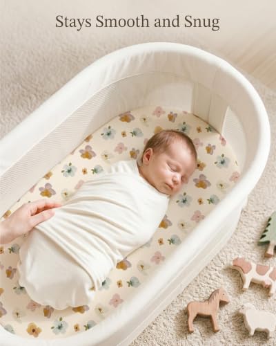 Image of Bassinet Sheets for Baby Girls Boys 2 Pack, Fitted Baby Mattress Sheet for Rectangle, Oval, Hourglass Bassinet Mattress, Breathable Cozy & Universal Fit (Bee Happy, Bassinet Sheet)