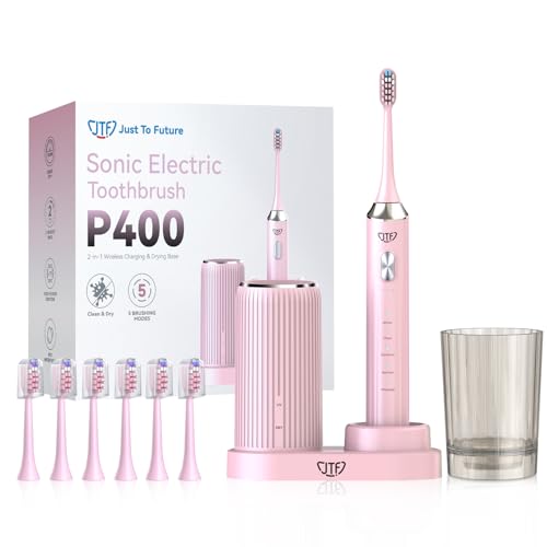 JTF Spazzolino Elettrico Sonico con Stazione di Ricarica Wireless con Luci UV e Asciugatura, 5 Modalità di Igiene Orale, Set da 6 Testine di Ricambio + Bicchiere, Ricaricabile per Adulti Casa(Rosa)