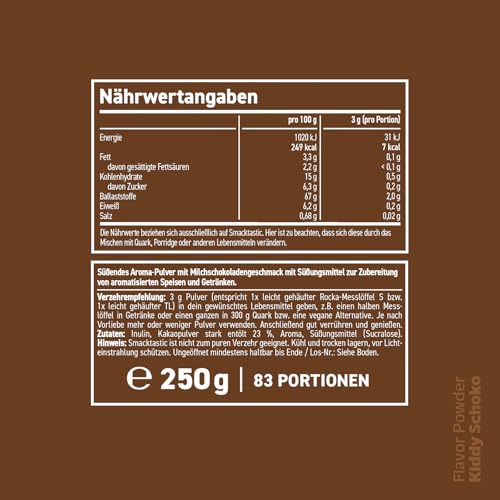 Rocka Nutrition Geschmackspulver SMACKTASTIC | Veganes Flavor Powder mit nur 7 Kcal pro Portion & 100% Geschmack | Vielseitig einsetzbares Aroma-Pulver | 250 g (Kiddy Schoko)