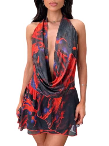 Image of Women Halter V Neck Mini Dress Sexy Sleeveless Backless Slim Fit Party Club Short Dress Y2K Beach Sundress