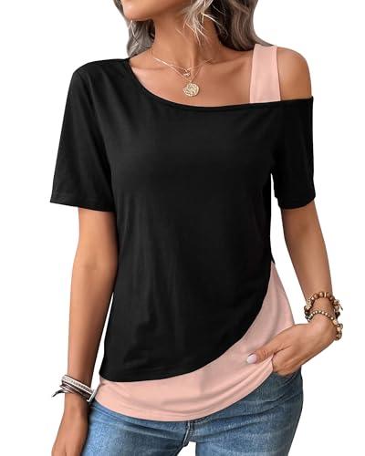 ZASFOU Camisetas de verano para mujer, con hombros descubiertos, camisetas de manga corta, blusas casuales, holgadas, túnica para mujer, moda 2024, negro, rosa, M
