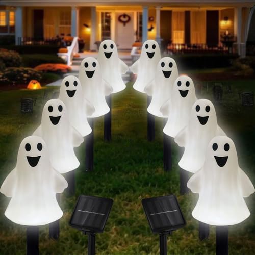 DAYLIGHTIR Solar Halloween Ghost Pathway Lights Decorations, Halloween Ghost Stake, Lighted 3D Ghost Outdoor Waterproof for Garden, Pathway and Yard Decoration (White, 10 Pack) by DAYLIGHTIR - Used condition - US$19.25