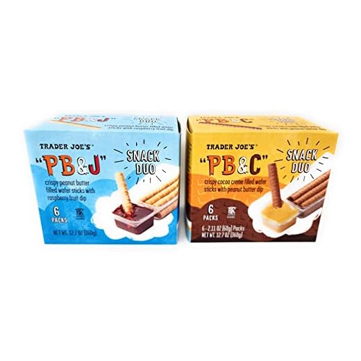 Trader Joes Bundle of 2 - PB&J Crispy Peanut Butter Filled Wafer Sticks with Raspberry Fruit Dip Snack Duo & PB&C Crispy Cocoa Creme Filled Wafer Sticks with Peanut Butter Dip Snack Duo