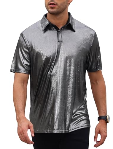 Polo années 70 homme disco brillant à manches courtes t-shirt métallisé rétro