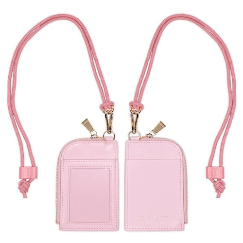 kate spade new york Porta-crachá de identificação com cordão, carteira fina de couro vegano com zíper, capa com etiqueta de nome para trabalho, escola ou viagem (rosa)