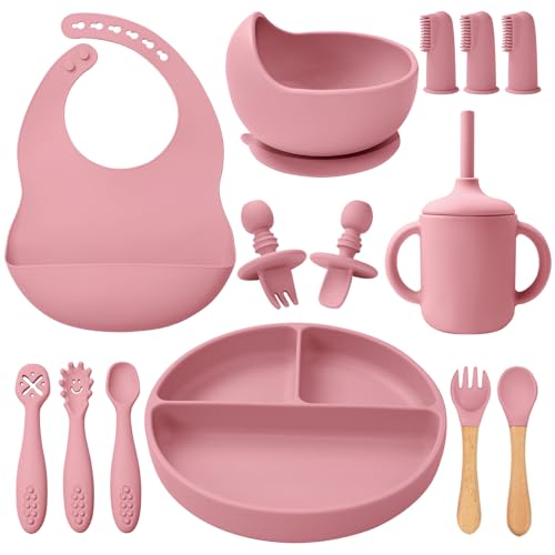 Image of LITTLE RAWR Silicone Baby Feeding Set 14 Pcs,Baby Led Weaning Supplies, Baby Spoons Suction Bowl Divided Plate Bib Cup Finger Brush,First Stage Solid Food Eating Utensils - 6+ Months(Deep Red)