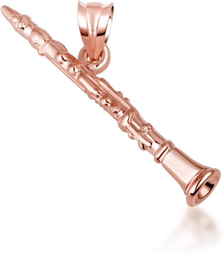 Gold Three Dimensional Clarinet Woodwind Music Charm Pendant Necklace | 10K or 14K Yellow, Rose, or White Gold | Choice of Pendant Only or Chain Length