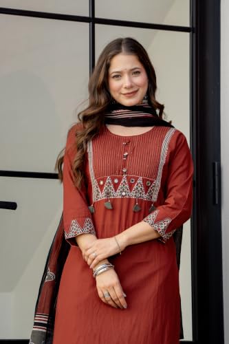 Image of rytras Women Woman's Pure Cotton Straight Kurta Sets with Pant & Dupatta|Kurti Set for Woman|Suit Set for Women Cotton