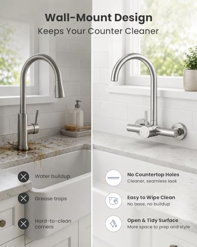 Image of Wall Mount Kitchen Faucet, 8 Inch Center, Brushed Nickel, Lead-Free | Single Handle, 360 Swivel, NSF /ANSI /CAN 372 Lead-free, CEC /DOE 1.8 GPM, 2-hole, Spot-resistant, DIY friendly, No Deck Mess