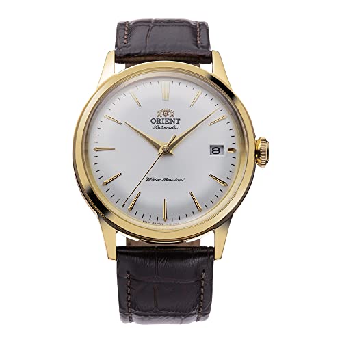Orient Bambino 38mm Męski automatyczny mechaniczny zegarek na rękę ze skórzanym paskiem i wyświetlaczem analogowym - RA-AC0M, Brązowy pasek Złota Szara Tarcza, ciągnąć