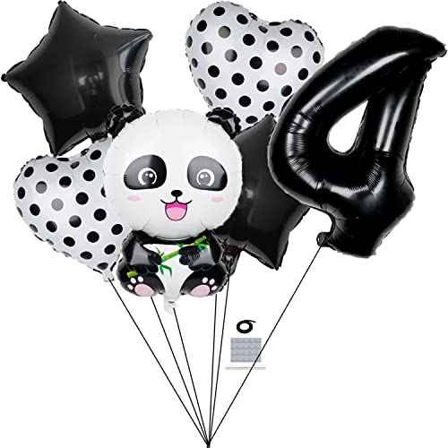 6 Pcs Panda Foil Balloons Set,Panda 4Rd Birthday Decoration Foil Balloons 32Inch Number 4 Mylar Balloons Heart Star For Kids Boys Girls Panda Theme Birthday Party Shower Party Decorations(4) #TOP5