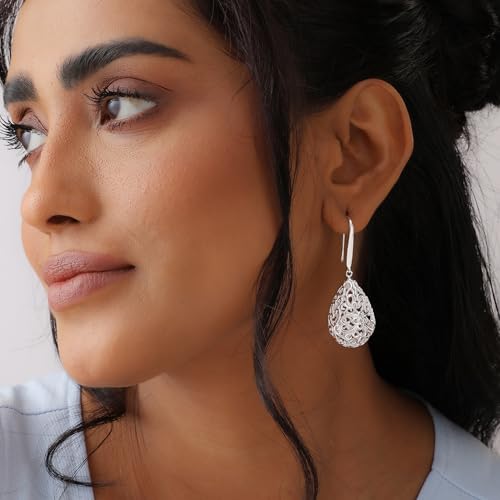 Image of TRUESILVER ACPL 925 Sterling Silver Filigree Drop Earrings for Women & Girls | Elegant Dangle Leverback Earrings | Stylish Everyday & Gift Jewelry