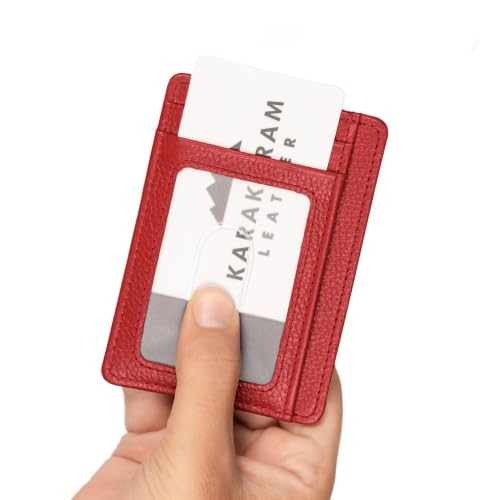 Image of KARAKORAM LEATHER Credit Card Holder for Men & Women - Slim Front Pocket Wallet with RFID Blocking, Handmade Top-Grain Cowhide, Holds 8 Cards + Cash, Quick-Access Slots, Gift Box (Alpine Ruby Red)