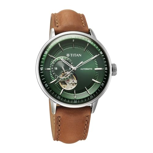 Image of Titan Orbital Open Heart Automatic Analog with Green Dial Brown Leather Strap Watch for Men - 90226SL01