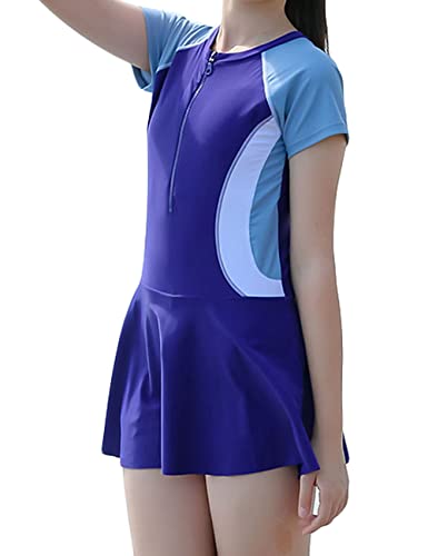 JadeRich Einteiliger Rashguard-Badeanzug für Mädchen, kurzärmelig, Colorblock-Reißverschluss, Badekleid mit integrierten Jungen-Shorts, navy, 11-12 Jahre Cover