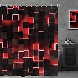 Riyidecor Red Black Shower Curtain，60Wx72H Inch Funny Abstract Wall Brick，Modern 3D Gradient Design，Futuristic Geometric Mens Boys Cool Bathroom Decor Fabric Polyester Waterproof 12 Pack Hooks