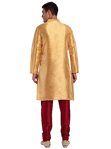 SKAVIJ Men's Art Silk Indian Ethnic Wear Kurta Pajama and Scarf Suit Festivals Season Party Dress Set (Gold, Large)2