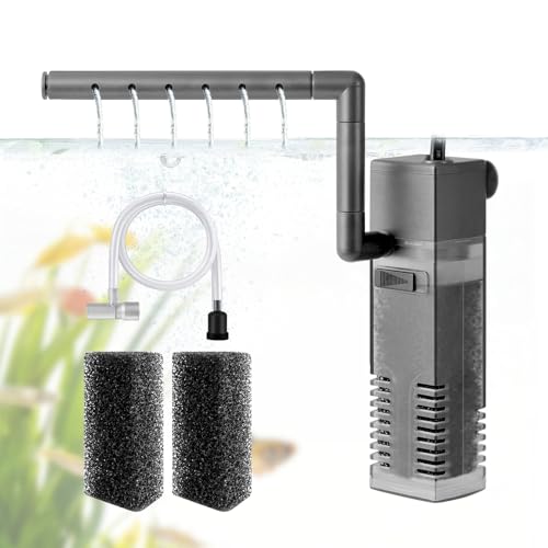 VILLNO 3W Leiser Aquarium Innenfilter, 4-IN-1 200L/H Mini Aquarium Filter mit Sauerstoffzufuhr–für 2-20L Kleine Fische Garnelen Fischbrut und Schildkröten Aquarien, mit wechselbarem Filterschwamm
