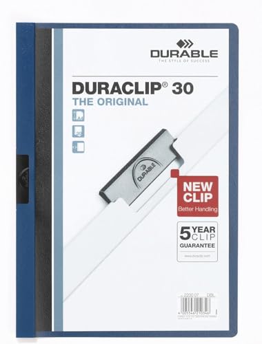 Durable Klemm-Mappe Duraclip (Original 30, Hartfolie, bis 30 Blatt A4, Beutel à 5 Stück) dunkelblau, 222707