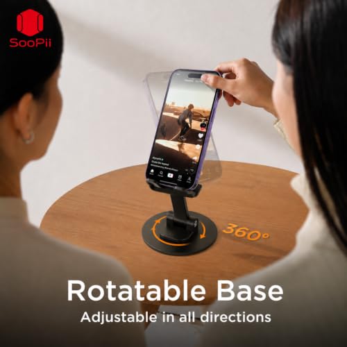 Image of Foldable Mobile Stand for Desk with 360 Rotating Base, Adjustable Phone Holder with Heavy Metal Base, Carbon Steel Desktop Stand, Anti-Slip Silicone Pads, Compatible with Smartphones up to 6.9 Inch