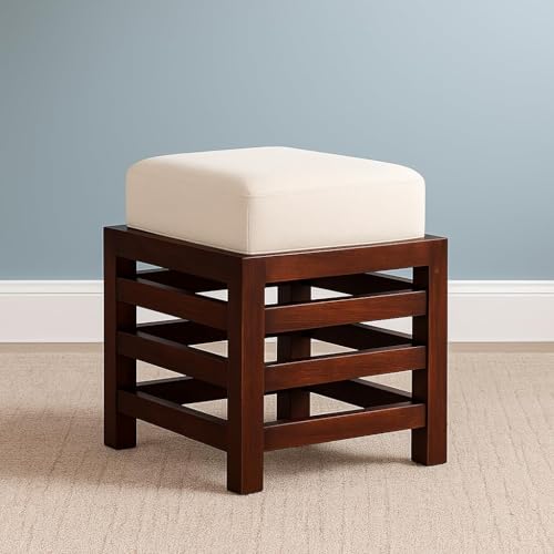 Image of Multipurpose Wooden Puffy for Sitting, Dressing Table, & Footrest Solid Wood Stool with Cushion for Living Room & Bedroom Balcony etc. Natural