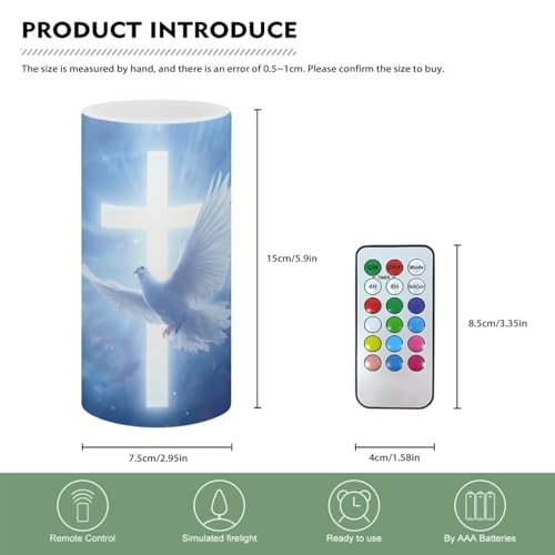 Image of Poceacles Easter Decorations LED Flameless Candles Battery Operated Candles with Remote Control Timer Flickering Wick Pillar Tealight for Holiday Party Decor, Blue Cross Dove of Peace