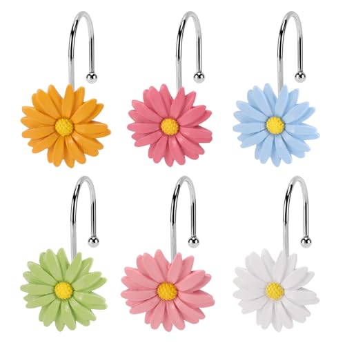 Flower Shower Curtain Hooks 12 Pack Rustproof Stainless Steel Decorative Bohemian Floral Bathroom Accessories for Curtain Rod and Shower Rod (Pastel Daisy)
